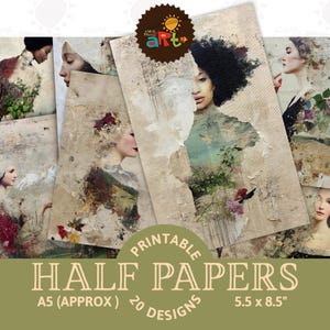 Collage de mujer con paisaje, página de diario imprimible, medio papel, álbum de recortes digital, manualidades, técnica mixta, decoupage, libro hecho a mano
