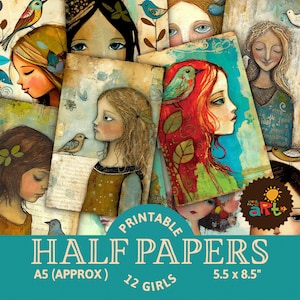 Collage de papel imprimible con retratos extravagantes de una niña con un pájaro, papel para diario basura, 3 tamaños