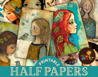 Whimsical Portraits Girl with Bird Paper Collage Printable Junk Journal Half Papers, 3 Sizes