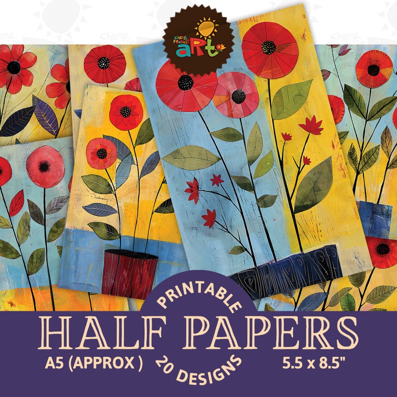 Minimalist Floral Bright Color Printable Junk Journal Half Paper ...