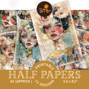 Scrap Rose Blumenportrait mit Gold Collage Mädchen Printable Junk Journal Halbes Papier Scrapbook Decoupage Karten Handwerk Buch Hintergrund Digital