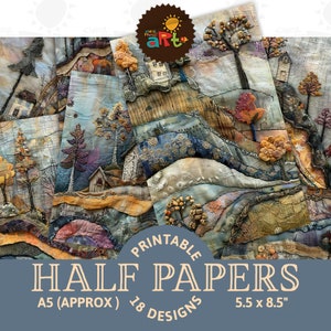 Fiber Art gestikt heuvel met huis afdrukbare ongewenste dagboek half papier plakboek digitale kit boek achtergrond decoupage ambacht collage hars