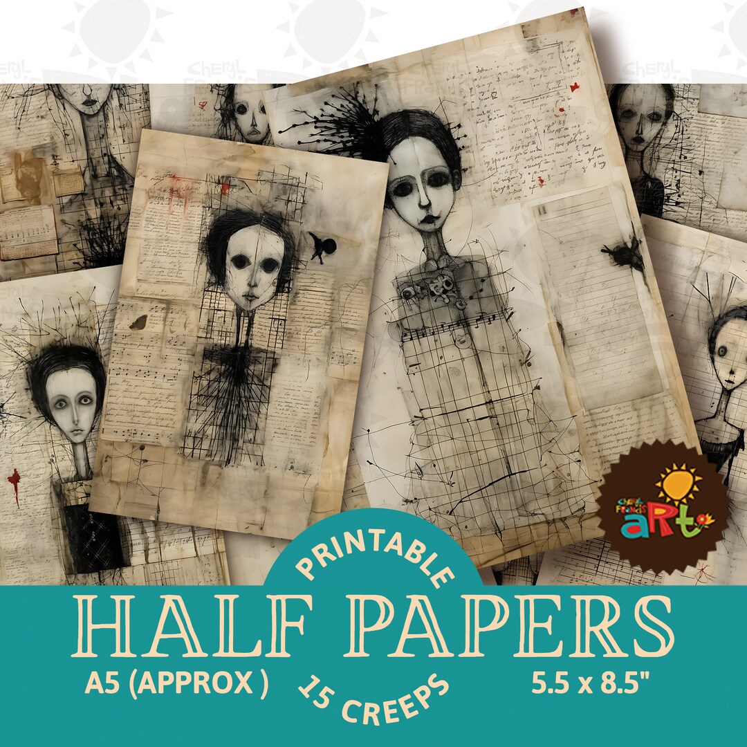 Inky Creep Paper Collage Printable Junk Journal Half Papers, Scrapbook