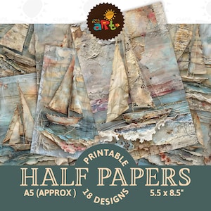 Barca a vela collage con vele lacerate, diario di scarto stampabile, album di ritagli di carta, kit digitale, libro, sfondo in tessuto, decoupage, collage artigianale