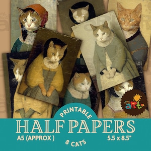 Papiers pour carnet de notes Cat Lady, chats peints dans des vêtements, papier numérique, album, collage numérique