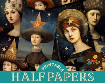 May include: Printable digital paper pack featuring 12 illustrations of women wearing whimsical hats with stars and moons. The illustrations are in a vintage style with a blue and gold color scheme. The text "PRINTABLE HALF PAPERS" is in a teal circle with the text "A5 (APPROX) 12 LADIES 5.5 x 8.5" below it.