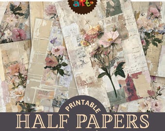 May include: A collection of printable half papers featuring 18 designs with floral motifs, textured beige and cream backgrounds, and script text. The papers measure approximately 5.5 by 8.5 inches and include various rose illustrations in pink and white.