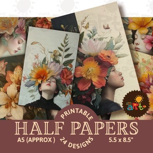 Junk Journal Half Paper, Girl Portrait with Flowers Printable Collage, Scrapbook, Digital Kit, Card, Book, Background, Botanical, Jewelry