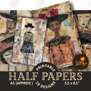 Journal indésirable sur demi-papier, collage artistique portrait 2 avec chapeau, imprimable, scrapbooking, travaux manuels, carte, découpage, page de livre, bijoux en résine, kit numérique