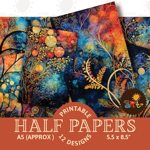 Levendig surrealistisch botanisch junkjournaal Afdrukbare halve papers A, rijke kleuren, plakboekvoorraad, kunstpagina, mixed media, ambachten en boeken maken