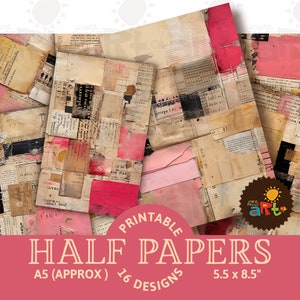 Collage sur papier vintage avec des accents roses Demi-papier imprimable du journal indésirable, ressource de scrapbooking, kit de papier numérique, carte, artisanat, livre éphémère