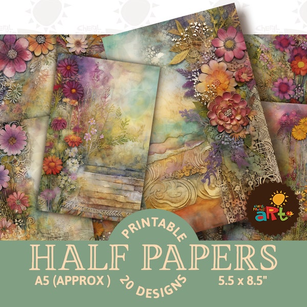Eye-Catching Vivid Floral Mixed Media Printable Junk Journal Half Papers, Scrapbook, Digital Kit, Floral Cards, Book Pages, Background