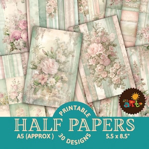 Floral Stripes Printable Junk Journal Half Papers, Decorative Digital Paper for Crafts, Book Cover, Maker