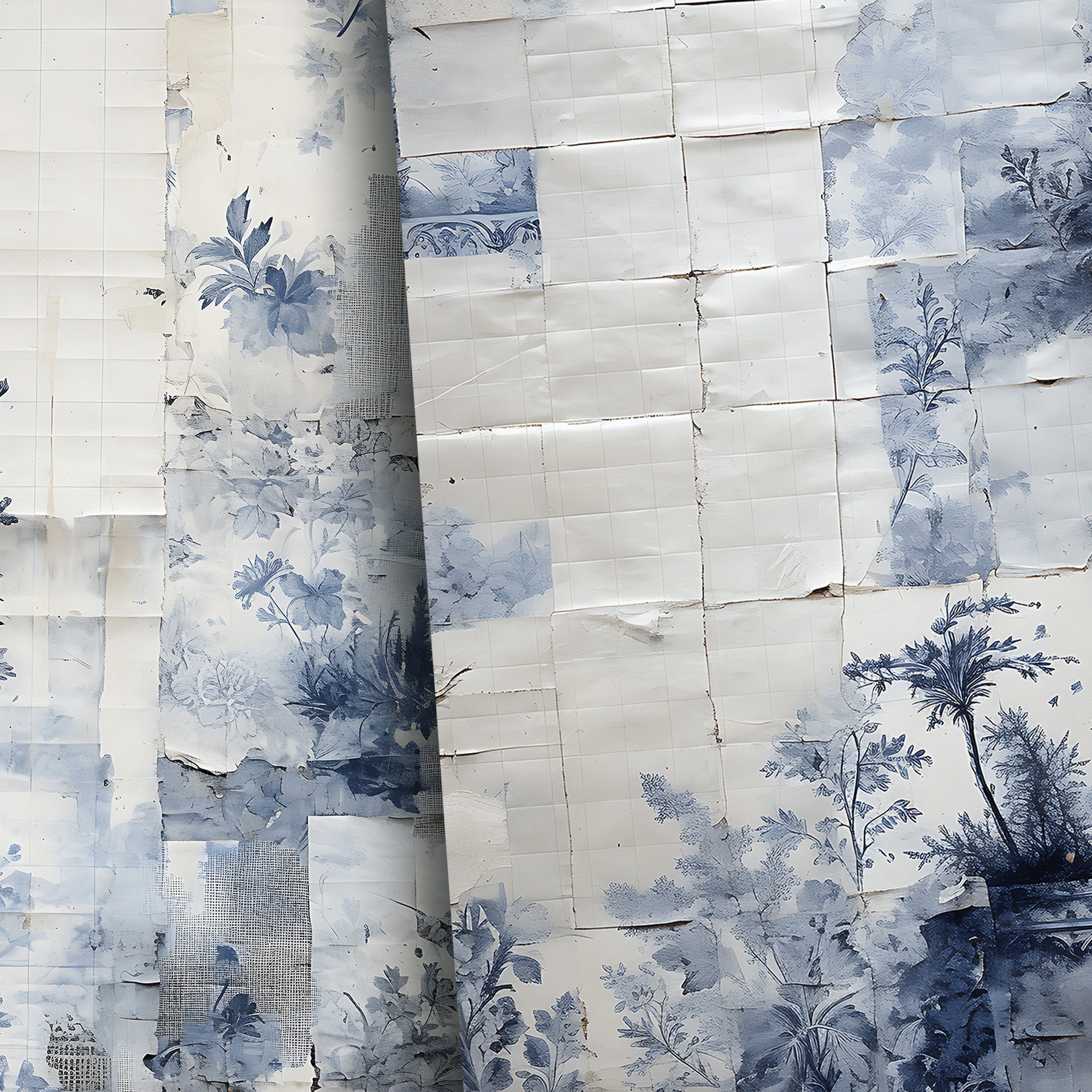 Blue and White Floral Scraps, Printable Junk Journal Half Paper ...