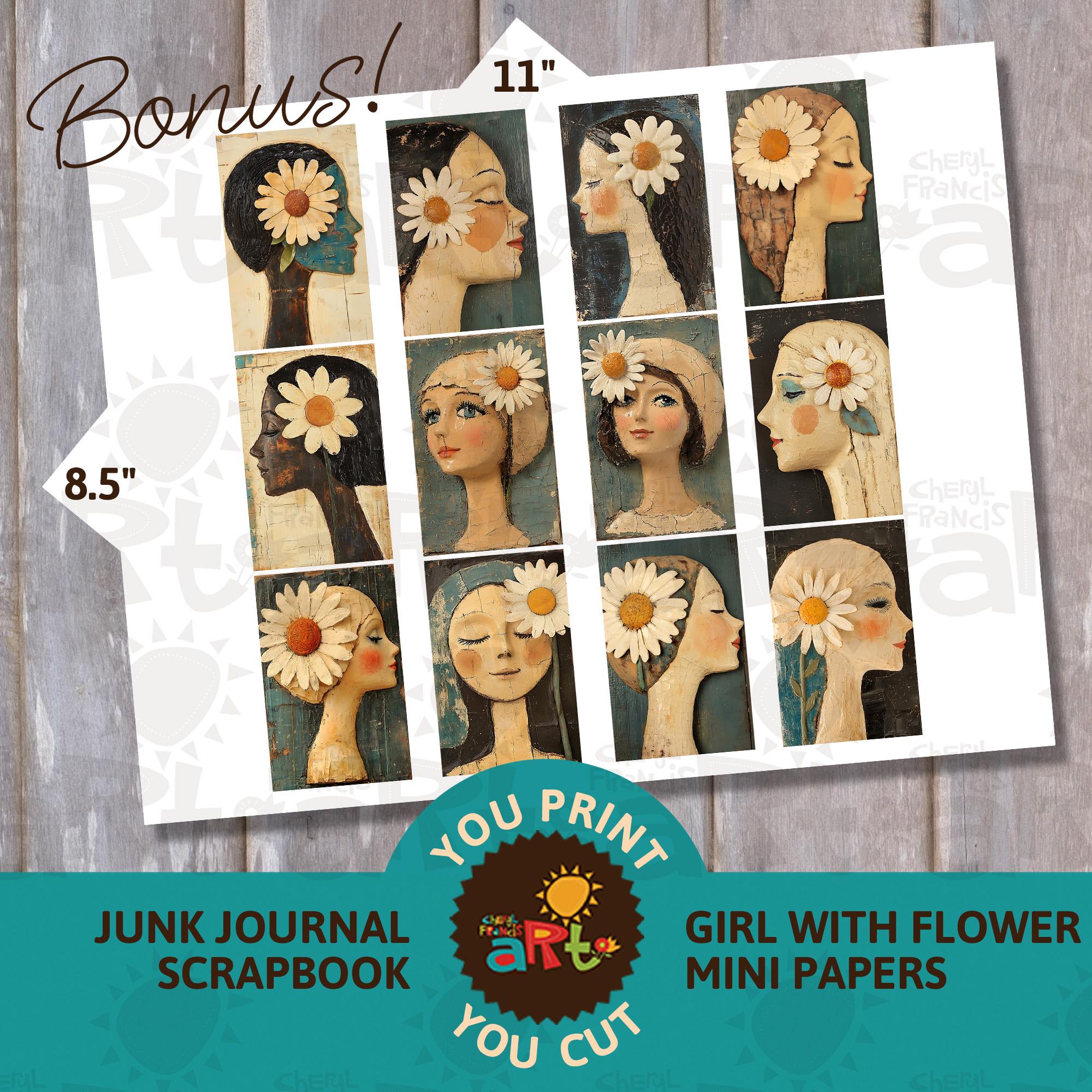 Junk Journal Half Paper Dimensional Girl With Flower Portrait