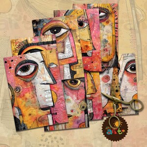 Pu&ograve; includere: Collage di arte astratta con sei pannelli colorati con volti stilizzati. Ogni pannello &egrave; dipinto in tonalit&agrave; di rosa, giallo, arancione e bianco con contorni neri. I volti hanno occhi grandi e forme geometriche.