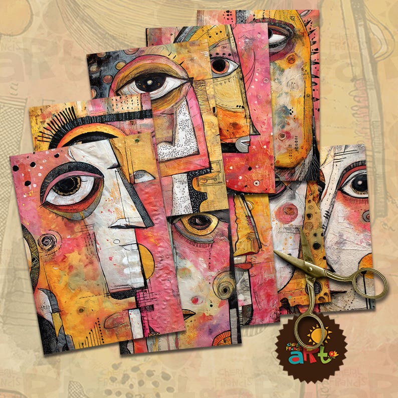 Pu&ograve; includere: Collage di arte astratta con sei pannelli colorati con volti stilizzati. Ogni pannello &egrave; dipinto in tonalit&agrave; di rosa, giallo, arancione e bianco con contorni neri. I volti hanno occhi grandi e forme geometriche.