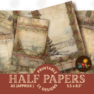 May include: Printable half-sheet papers featuring a wintery landscape design. The papers depict a snowy scene with trees, a river, and a red berry border. The text "Printable Half Papers" is in a brown circle with a sun graphic. The text "A5 (Approx) 15 Designs 5.5 x 8.5" is below the circle.