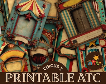Può includere: Nove carte ATC stampabili a tema circense vintage, ognuna con un design diverso in rosso, blu e giallo. Le carte misurano 2,5 pollici per 3,5 pollici e sono file JPG a 300 DPI.