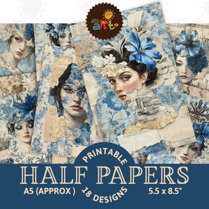 Ritratto blu su crema strappato effimero collage stampabile giornale spazzatura mezza carta sfondo scrapbook artigianato carta decoupage libro commerciale