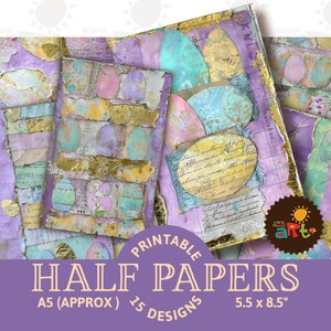 Easter Egg Scrappy con finto oro stampabile Junk Journal Half Paper, viola, scrapbook, kit digitale, biglietti, artigianato, libro, sfondo, collage