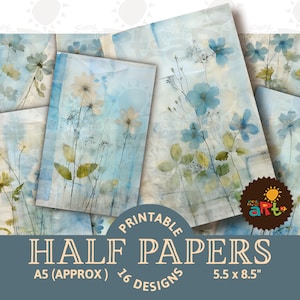 Watercolor Blue Floral Collage Printable Junk Journal Half Papers, Scrapbook, Card Digital Paper Kit, Page for Writing, Book Design