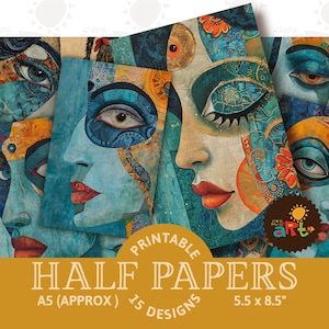 May include: A set of 15 printable digital papers featuring colorful, abstract faces with intricate details. The papers are designed in A5 size (approximately 5.5 x 8.5 inches).