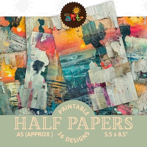Pôr do sol sobre o oceano Scrap Portrait Collage Printable Junk Journal Half Paper Background Scrapbook Craft Card Decoupage Book Uso comercial