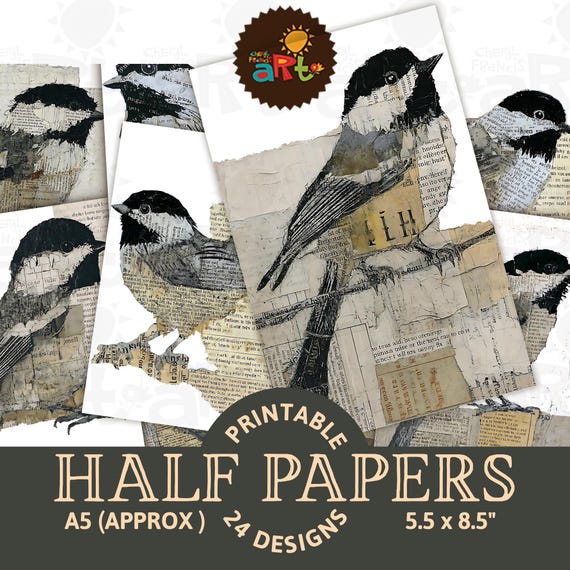 Paper Collage Birds on Ephemera Junk Journal Half Paper Printable, Plus Fussy Cut, Scrapbook Digital, Card, Book, Background Jewelry Art