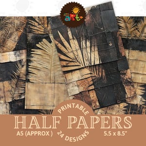 Hojas de palma con fondo negro sucio imprimible Kit de diario basura Álbum de recortes de papel de media página Libro de tarjetas Manualidades Decoupage Arte de joyería