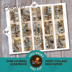 May include: A set of 18 printable junk journal papers, measuring 8.5 inches by 11 inches. The papers feature a collage style with brown, white, and blue tones, and include lace, floral, and abstract designs. You print and cut these papers to use in your junk journals, scrapbooks, and other paper crafts.