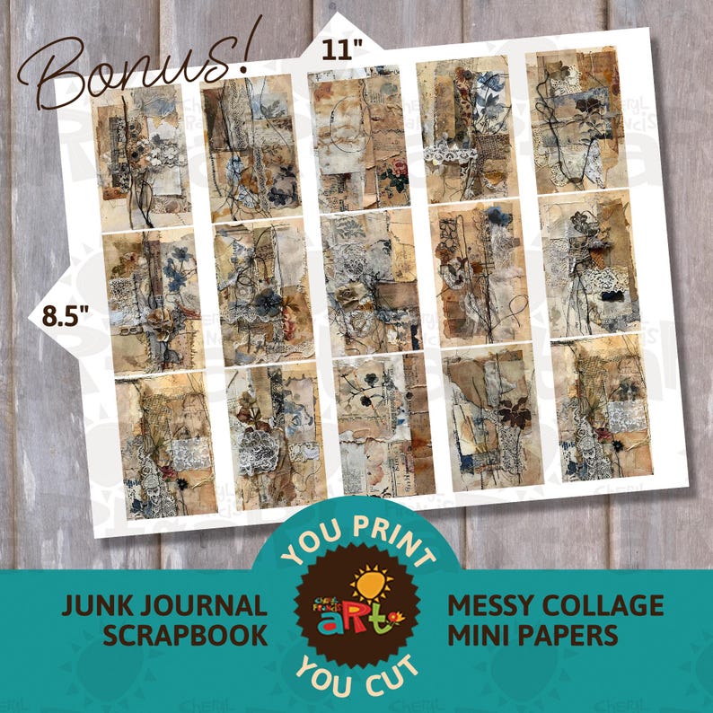 May include: A set of 18 printable junk journal papers, measuring 8.5 inches by 11 inches. The papers feature a collage style with brown, white, and blue tones, and include lace, floral, and abstract designs. You print and cut these papers to use in your junk journals, scrapbooks, and other paper crafts.