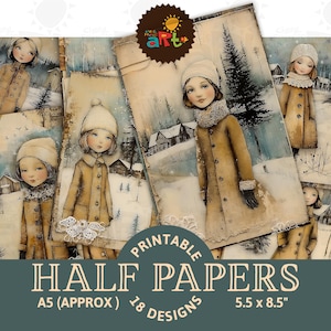 Portrait d'une fille or manteau d'hiver imprimable Junk Journal demi-papier arrière-plan Scrapbooking artisanat carte de voeux découpage livre commercial