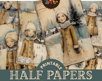 Puede incluir: Una colección de papeles a media carta imprimibles con ilustraciones de niñas con abrigos y sombreros de invierno, ambientadas en paisajes nevados. Los papeles miden aproximadamente 14 x 21,6 cm, con 18 diseños. Incluye el texto "Printable Half Papers".