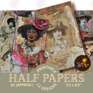 Junk Journal Halbes Papier, Collage Portrait mit Hut, Scrapbook, Handwerk, Karte, Decoupage, Buch Seite, Harz Schmuck, Digital Kit
