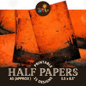 May include: Printable half papers with a Halloween theme. The papers are orange with a distressed texture and feature a silhouette of a spooky landscape with bats. The papers are approximately 5.5 x 8.5 inches.
