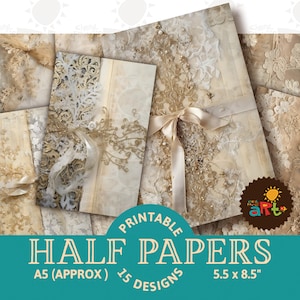 Kerst goud en crème kant afdrukbaar junkjournaal half papier, decoratief bloemen- en textiel plakboek, kaart, knutselen, aangepast boek