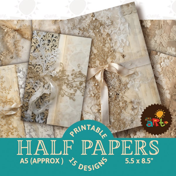 Christmas Gold and Cream Lace Printable Junk Journal Half Papers, Decorative Floral and Textile Scrapbook, Card, Crafting, Altered Book