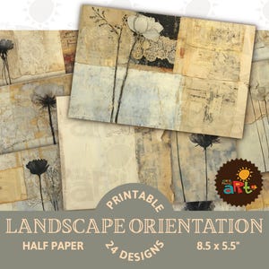 Collage di effimeri floreali ingialliti, stampabile, diario di spazzatura, orizzontale, mezza carta, kit digitale, artigianato, decoupage, pagine di libri, album di ritagli, sfondo