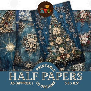 Ausgefallene Blau Dekorative Weihnachtsszenen Junk Journal Halbe Seite Printable Scrapbook Ephemera Digitaler Hintergrund Handwerk Karte ATC Decoupage