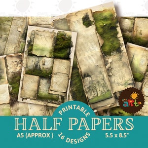 16 páginas musgosas colagem imprimível lixo diário metade papéis, mídia mista, efêmera, cartões, artesanato, livros feitos à mão download digital