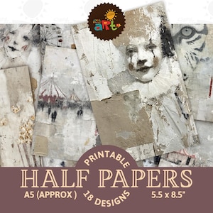 Puede incluir: Una colección de papeles a media cara imprimibles con una estética vintage. Los diseños presentan texturas desgastadas, imágenes de circo y una cara de payaso triste. Los papeles miden aproximadamente 14 x 21,6 cm e incluyen 18 diseños únicos.
