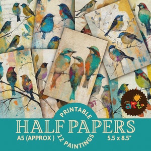 Painted Birds Junk Journal Half Papers, Uccelli colorati stampabili su carta artistica in tela, Carta digitale, Accessorio per album, Foglio per collage