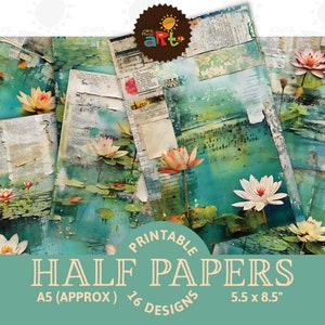 Waterlelie op schroot collage afdrukbare ongewenste dagboek half papier plakboek ambachtelijke kaart decoupage fotoboekpagina sieraden commercieel POD gebruik