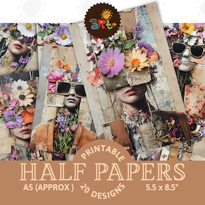 Ritratto grunge surreale di donna con fiori collage stampabile diario spazzatura metà carta scrapbook kit carta digitale libro sfondo