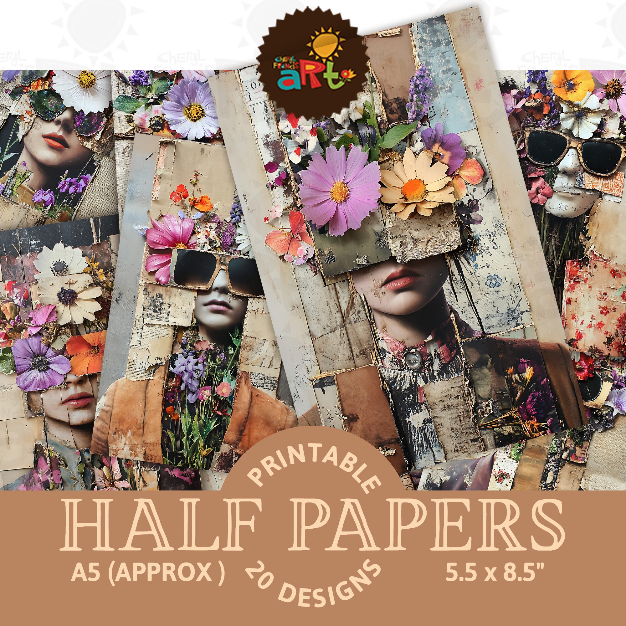 Surreal Grunge Portrait Lady with Flowers Printable Collage Junk Journal Half Papers Scrapbook Digital Paper Kit Card Book Background