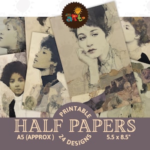 Fille et dame éphémères Art Collage Portrait imprimable Junk Journal demi-papier Scrapbooking fond Carte numérique livre Artisanat de découpage