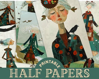 May include: Printable digital paper pack with 15 designs featuring whimsical illustrations of women with colorful clothing and hair. The papers are A5 size (approximately 5.5 x 8.5 inches).