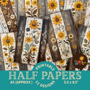 Buquê floral em colagem de madeira rústica de celeiro listrada, papel para impressão, meio diário de lixo para fazer livros, artesanato, kit digital de cartões