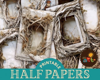 May include: A collection of rectangular frames with a natural, rustic aesthetic. The frames are adorned with intricate, intertwined root and branch designs, creating a textured, organic look. The image includes the text "PRINTABLE HALF PAPERS" and dimensions of 5.5 x 8.5 inches.